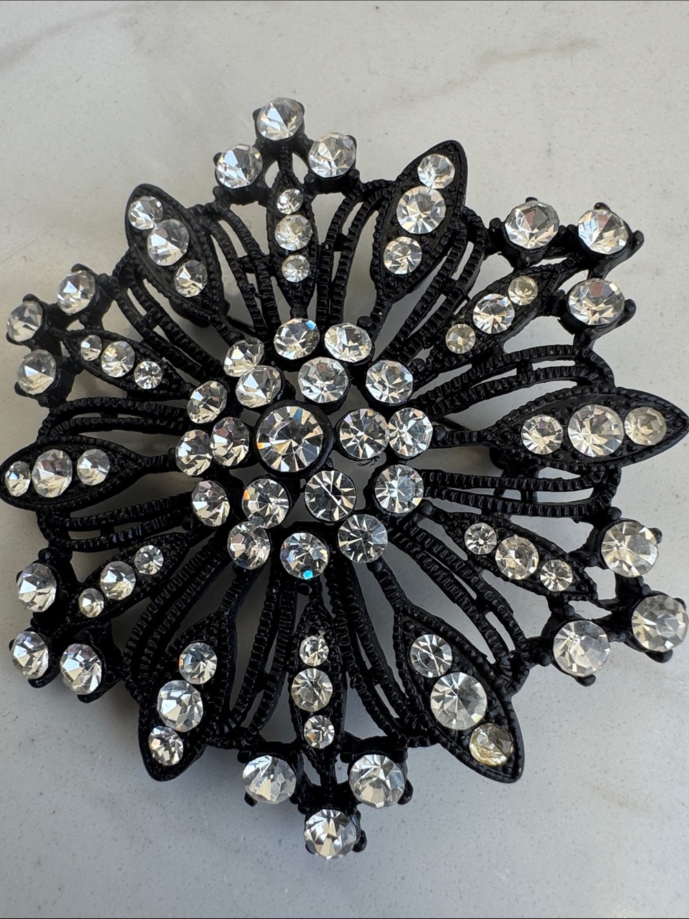 Vintage Glam Black Metal & Clear Rhinestone Starburst Flower Brooch edgy
